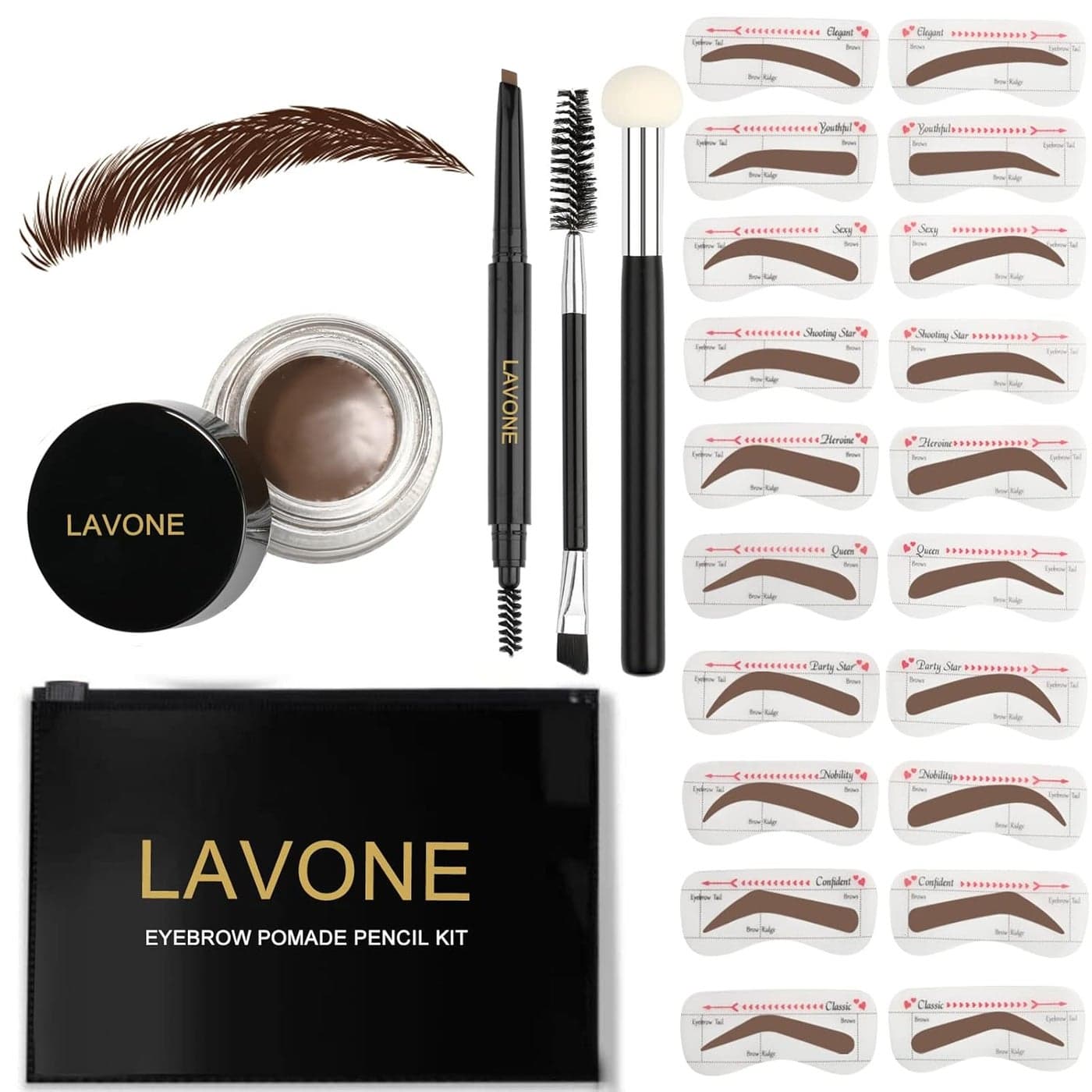 LAVONE Eyebrow Stamp Stencil Kit Brow Stamp Trio Kit with Waterproof Eyebrow Pencil Eyebrow Pomade 20 Eyebrow Stencils Dualended Eyebrow Brush and Sponge Applicator Dark Brown