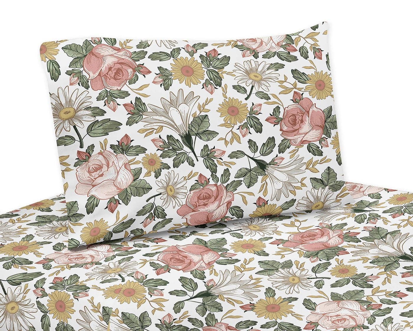 Sweet Jojo Designs Vintage Floral Boho Twin Sheet Set 3 Piece Set Blush Pink Yellow Green and White Shabby Chic Rose Flower Farmhouse