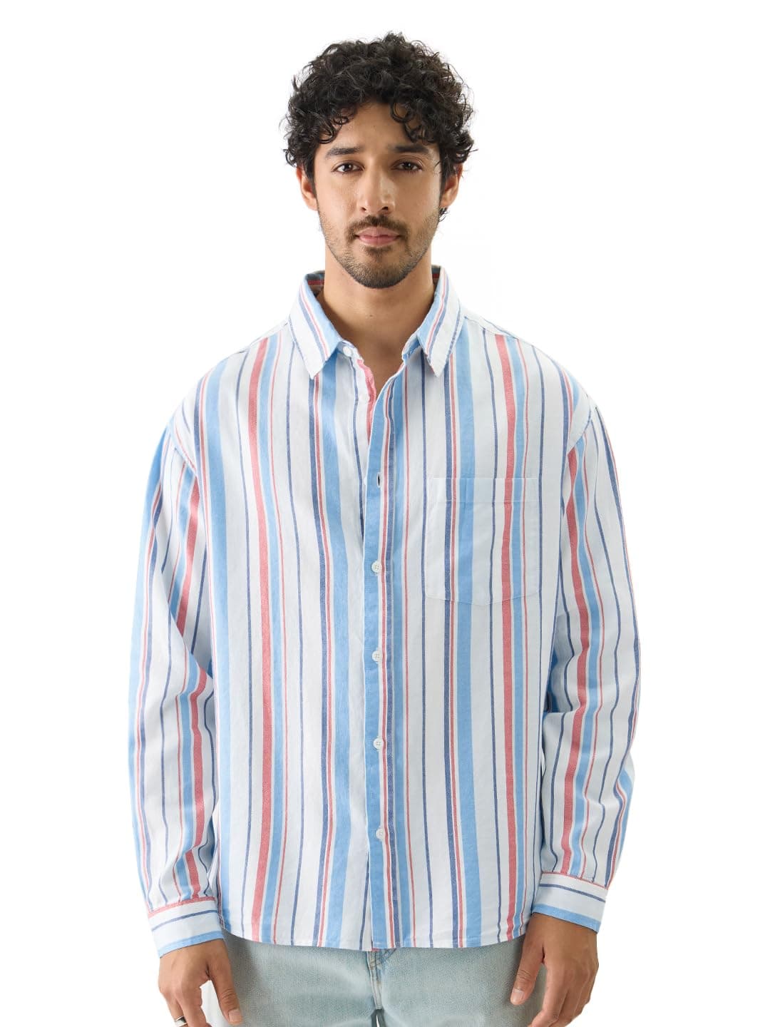The Souled Store Blue & Red Stripes Long Sleeve Collared Neck Front Button Cotton Relaxed Fit Shirts for Men & Boy- Casual Elegance