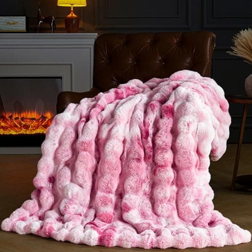PLUUSHUU Faux Fur Throw Blanket for Couch, Fluffy Fuzzy Plush Bubble Blanket, Soft Warm Cozy Shaggy Rabbit Blanket, Luxury Decorative Gifts for Sofa Bedroom Living Room, 60x80inch (Tie-Dye-Pink)