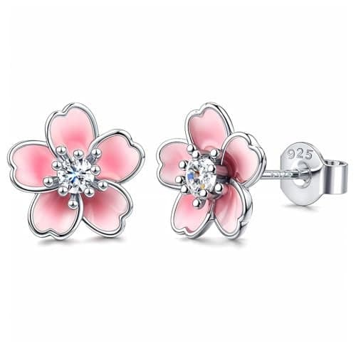 SANNIDHI® Sakura Silver Earrings for Women Stylish Stud Earrings for Girls Pink Rhinestone Flower Earring Studs Electroplated Copper Jewelry Gift (1 Pairs)