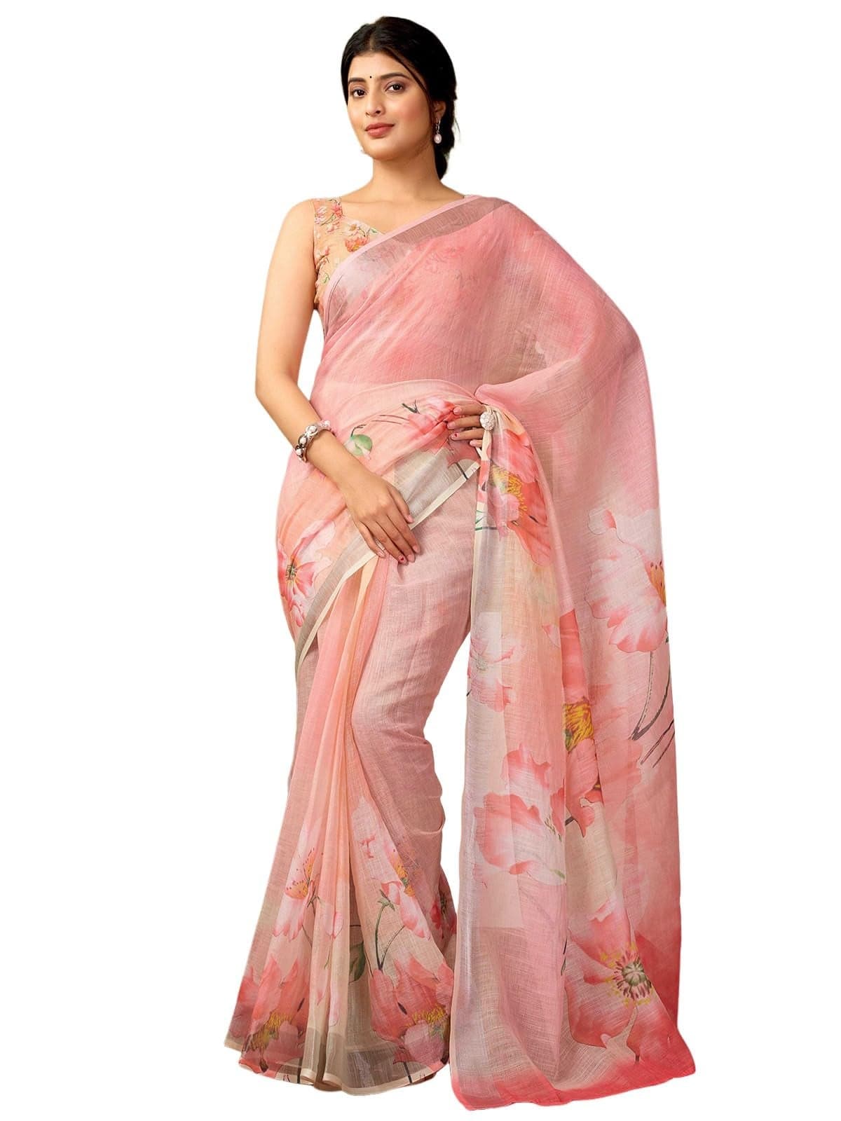 Satrani Women's Linen Printed & Zari Border Ready To Wear One Minute Pre Pleated Readymade Saree with Unstitched Blouse Piece (35RS331N_Pink & Multi)