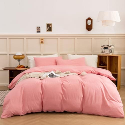 ECOCOTT Pink Duvet Cover Queen Size - Linen Feel Organic Natural 100% Washed Cotton, Soft Breathable 3 Pieces Bedding Set with Zipper Closure