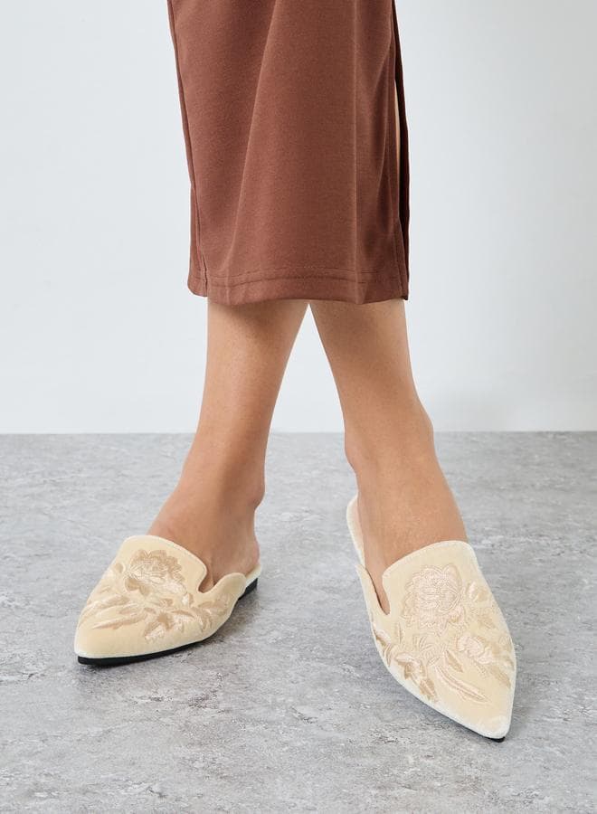 Styli Beige Embroidered Velvet Mules