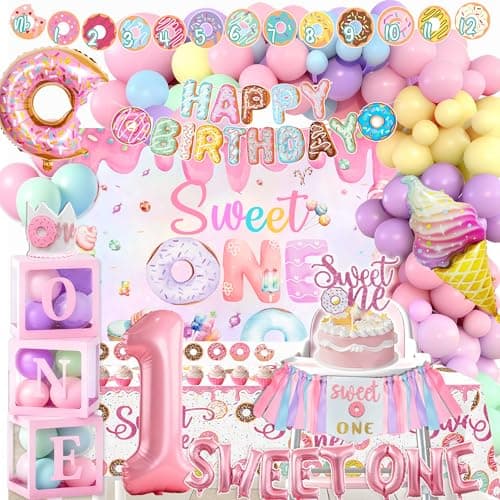 1st Birthday Decorations for Girl Sweet one First Decorations Donut First Birthday Party with Backdrop Balloon Boxes Tablecloth Banner Highchair Cake Topper