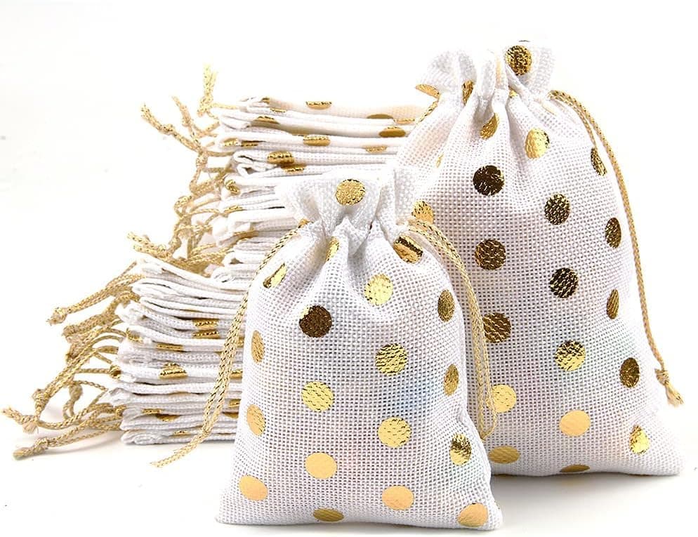 POCHEON® 10 Pcs Drawstring Jute Stylish Potli Pouches For Small Jewelries, Money, Notes Women Wallet, Return Gift Bags, Women Handbag Shagun Bags, New Year (Printed Beige, 4 X 6 Inch (10 x 14 cm))
