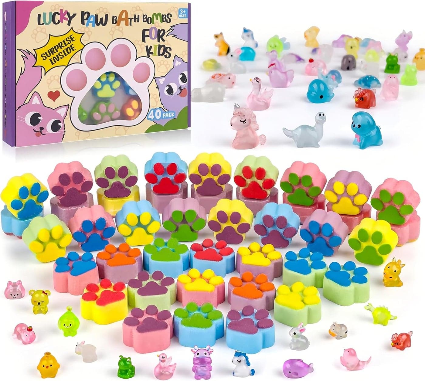 Bath Bombs for Kids with Surprise Inside 40 Large Number Pack Kids Paw Shape Bath Bombs Gift Set Natural Organic Kids Bubble Bath Fizzy for Girls Boys with Bath Toys Inside