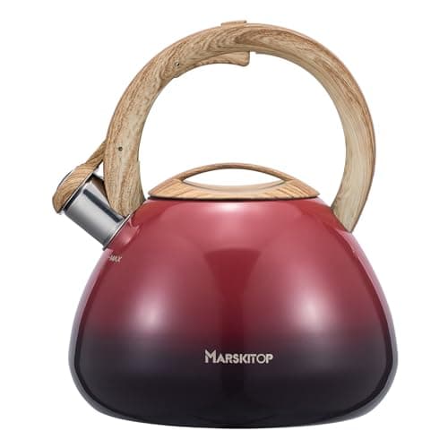 MARSKITOP Whistling Tea Kettle for Stove Top, Food Grade Stainless Steel Tea Kettle Teapot for Stovetop with Anti-Hot Ergonomic Handle, 2.6 Quart, Red
