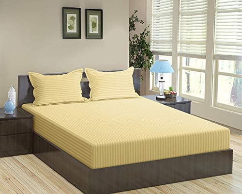 Trance Home Linen 100% Cotton 78x72 inch King Fitted 200TC Satin Stripe Elastic Bedsheet | Bedroom Hotels Daily Use Fitted Bedspread with 2 Pillow Covers (78"x72" | 6.5x6 feet, Beige)