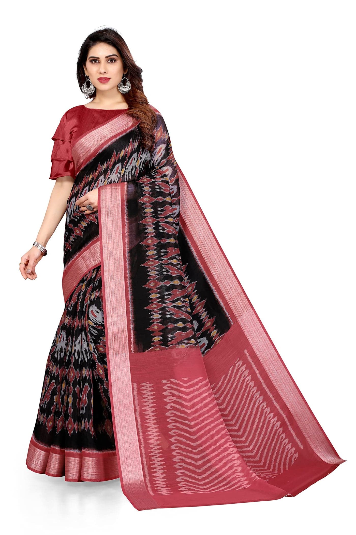 MIRCHI FASHION Women Cotton Blend Ikat Printed Saree with Blouse Piece (33764 - Black, Maroon)