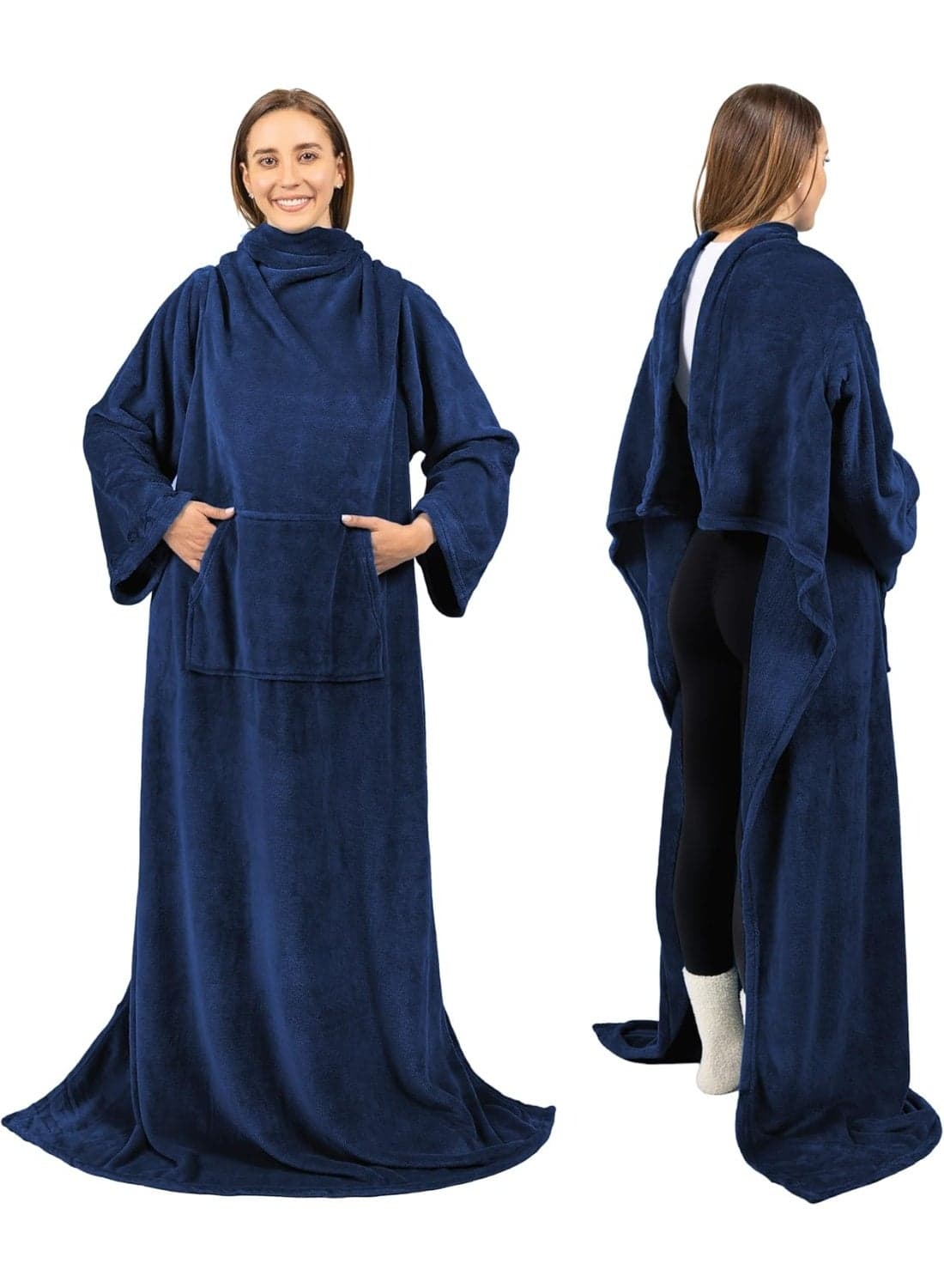 Pavilia (Kangaroo Pocket, Navy) - Premium Fleece Blanket with Sleeves by Warm, Cosy, Extra Soft, Functional, Lightweight (Navy, Kangaroo Pocket)70" x 50".