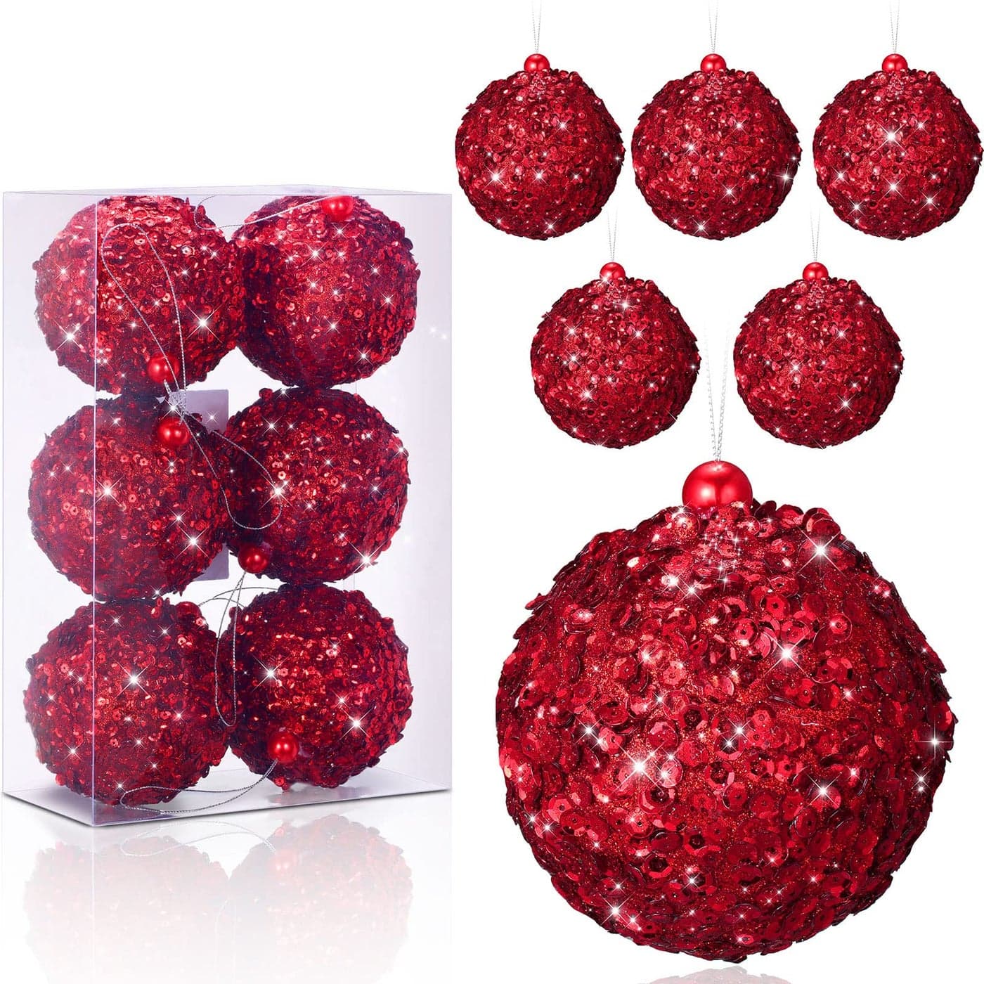 Threan 6 Pcs 393 Red Christmas Ball Ornaments Large Glitter Christmas Ball Ornament Sequin Foam Hanging Decorations for Xmas Wedding Party Holiday Decor