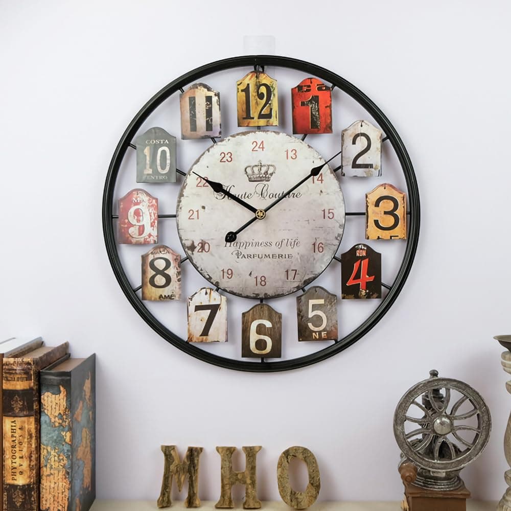 MOLEIHAO Large Separate Retro Dial Wall Clock Decorative Silent Non Ticking 20 Inch Big Vintage Farmhouse Clocks for Living RoomBlack Metal Frame