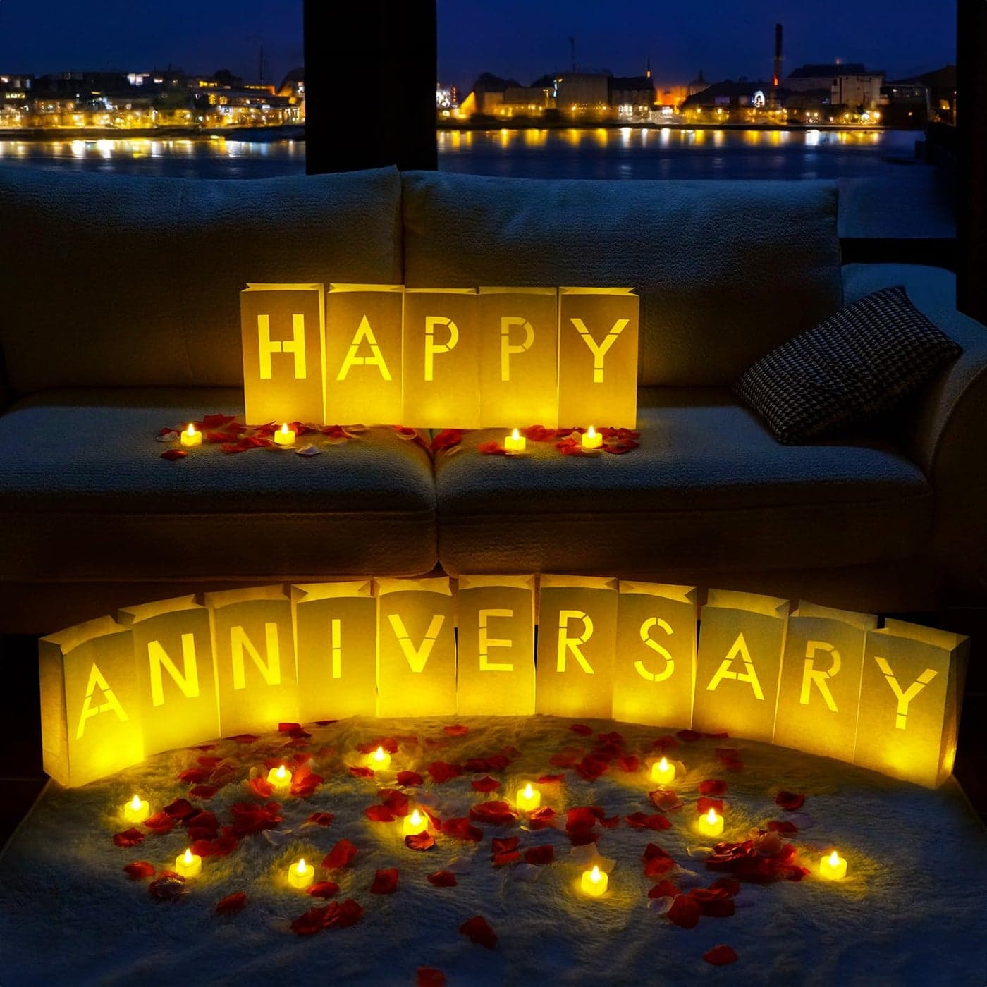 Homemory Happy Anniversary Decoration Light Up Letters with Flameless Candles and Fake Rose Petals Valentines Day Luminary Bags Happy Anniversary Sign Romantic Party Decor for Wedding