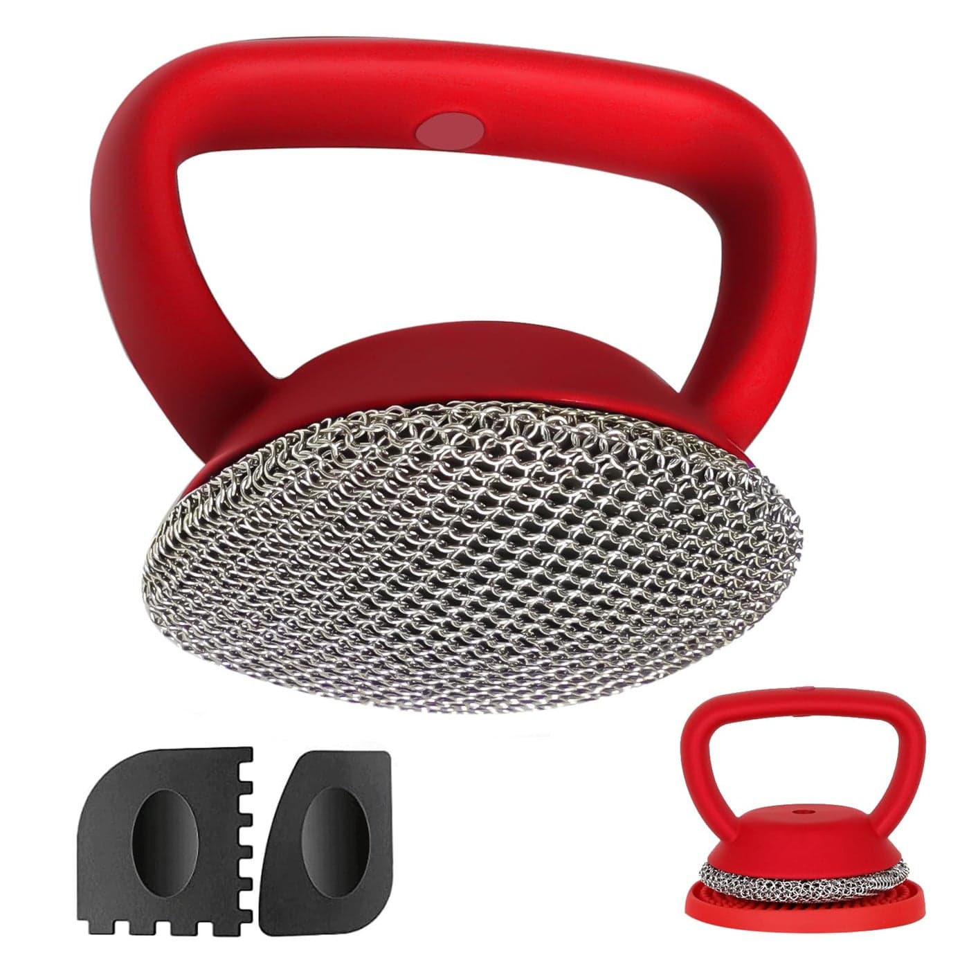 MEIXINZHI Cast Iron Scrubber Cast Iron Skillet Cleaner2 Pan Grill Scrapers Chain Mail to Clean Cast Iron Chain Mail Scrubber Cast Iron Chainmail Scrubber for Cast Iron Skillet Red with Mat
