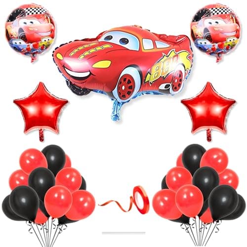 Flyloons Car Theme Decoration for Birthday Red Black Baby Boys Girls Kids 5 Pcs Lightning Macqueen Theme 30 Pcs Metallic Balloons Decoration Kit Set Items 2 Pcs Red Star
