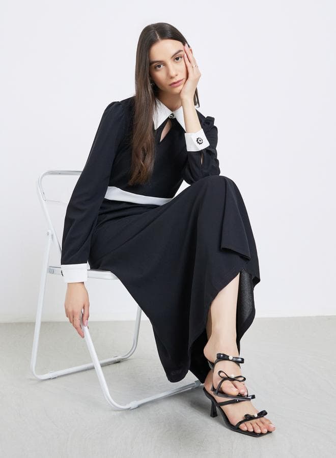 Contrast Collar Balloon Sleeve A-Line Maxi Dress