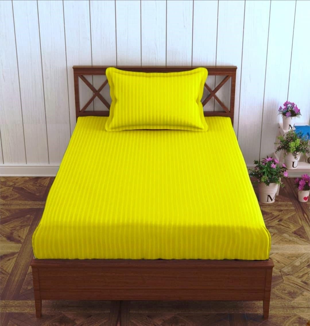 Trance Home Linen 100% Cotton 78x36 inch Single Fitted 200TC Satin Stripe Elastic Fitted Bedsheet | Single Bed Size Daily use Fitted Bedspread with 1 Pillow Covers (78"x36" | 6.5x3 feet,Canary Yellow)