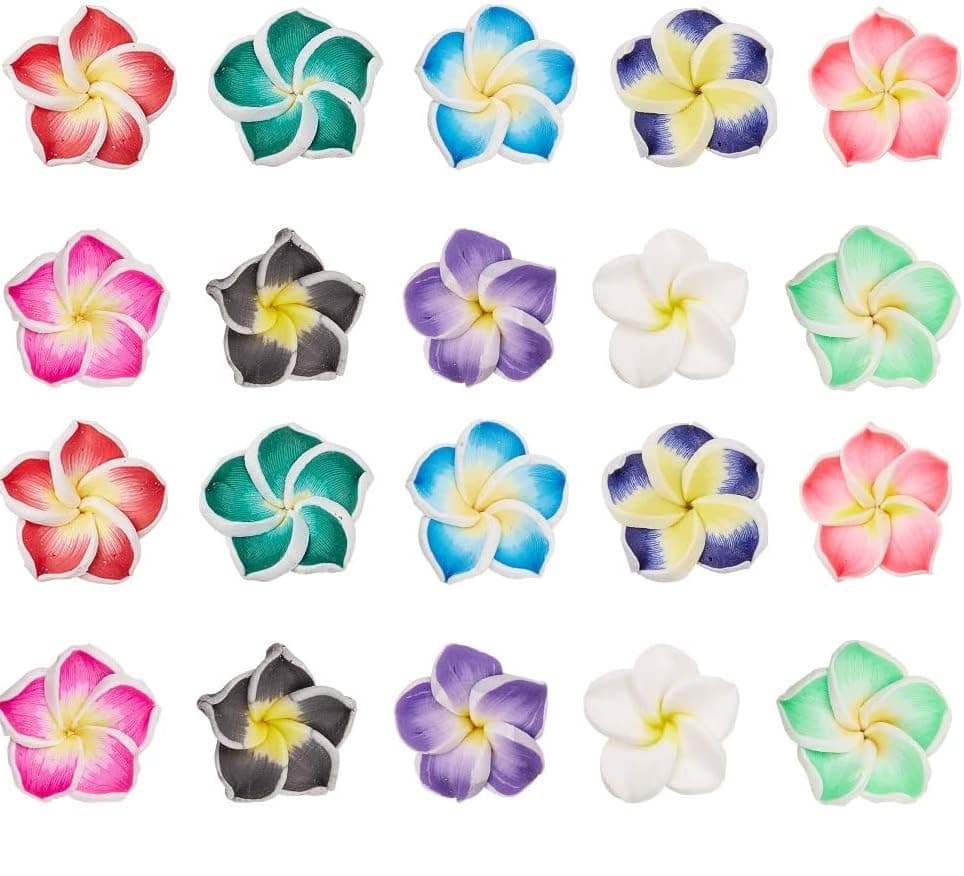 SUNNYCLUE 100Pcs 10 Color Polymer Clay Flower Beads Plumeria Spacer Loose Beads 15x8mm 5 Petal Summer Hawaii Floral Hawaiian Beach Spacer Charm Beads for Jewelry Earring Making Supplies DIY Craft