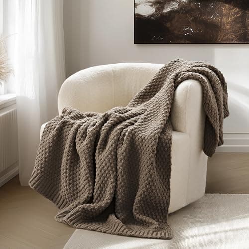 EVERGRACEHOME Chunky Chenille Knit Throw Blanket for Couch, Soft Luxurious Moss Stitch Blankets for Bed, Cozy Decorative Farmhouse Knitted Throws for Sofa, Mocha Brown, 60" x 80"