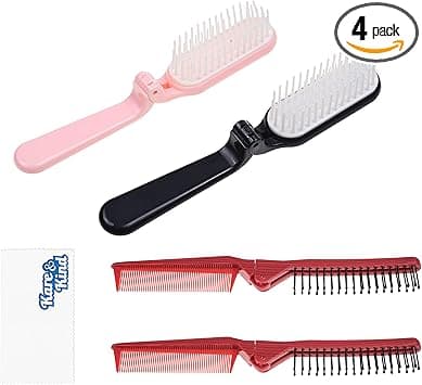 Kare Kind 4x Foldable Hairbrush and Comb PocketSized Grooming Tool for Travel Fine and Wide Tooth AntiStatic Comb and Brush For Straight Curly Fine Thick Hair Home Purse Gym Bag Car