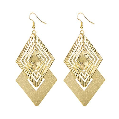 COZLANE 14K Gold Drop Dangle Earrings for Women Fashion Big Dangling Bohemia Vintage Circular Statement Chandelier Earrings for Party Prom (Double Rhombus Earrings)