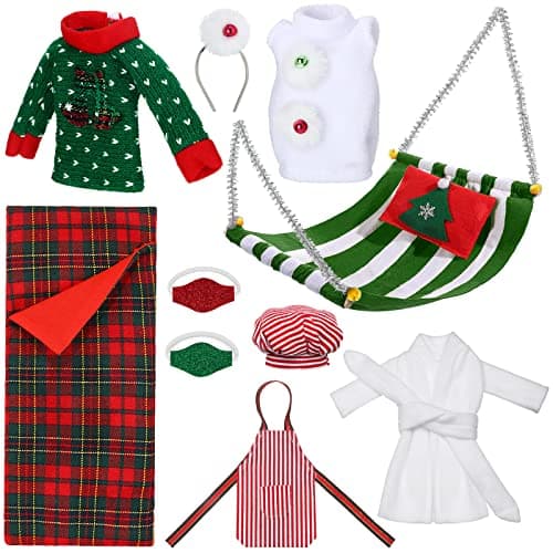 Aoriher 10 Pcs Christmas Doll Accessories Set Includes Christmas Doll Clothes Kit Sleeping Bag Bathrobe Apron Chef Hat Hammock Mask for Xmas Costume OutfitsXmas Hat