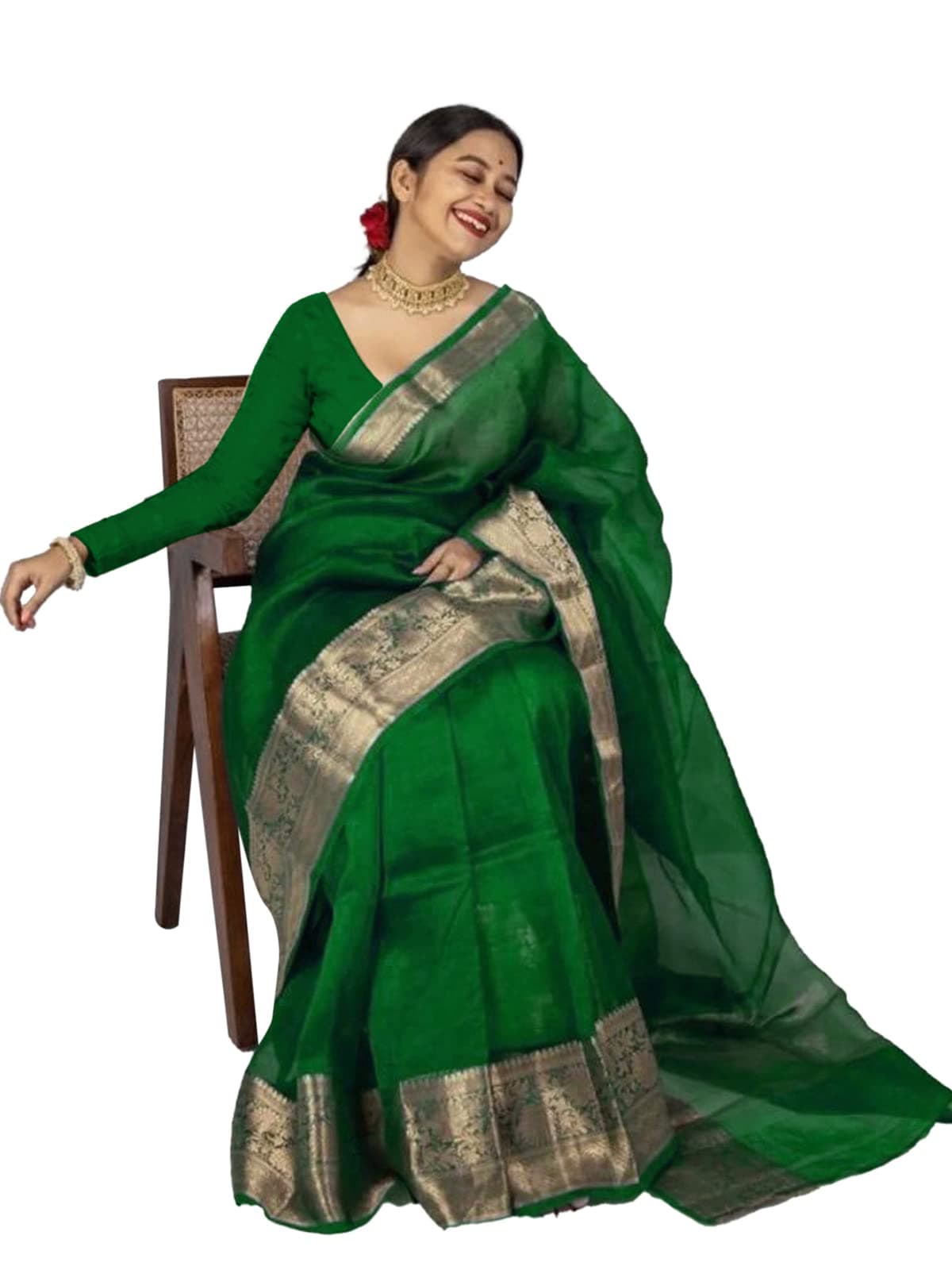 Satrani Women'S Organza Dyed & Jacquard Border Saree With Unstitched Blouse Piece(2763S109N_Green)