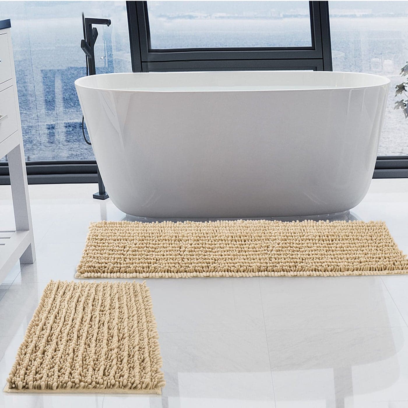 HVERONNEX Luxury Chenille Beige Bathroom Rugs Sets 2 Piece Thickened Hot Melt Rubber Bottom Bath Mats for Bathroom Non SlipBath Rugs Quick Dry Machine Washable for Shower Mat 47x1717x24
