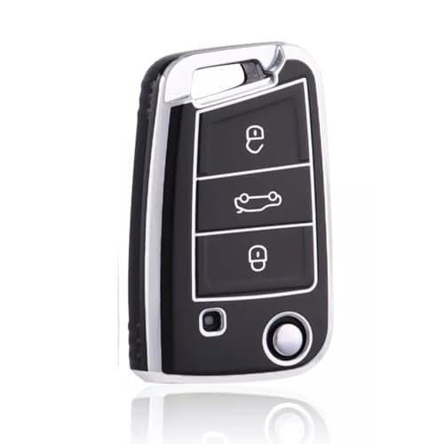 JVCV® Silver Border TPU Key Cover Compatible with Skoda Kylaq Slavia Kushaq Taigun Tiguan Virtus Octavia Kodiaq Superb T ROC Folding Key (Black)