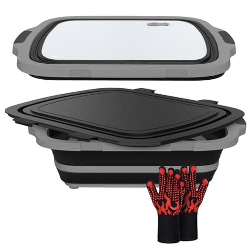 XL Collapsible BBQ Prep Tub with Cutting Board Drain Plug Portable Food Prep Station for Kitchen Camping Grill Dishwasher Safe SpaceSaving Design HeatResistant Glove Included Black