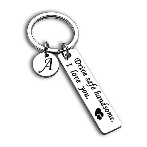 OUMILAN Drive Safe Keychain 26 Letters Keychain Gifts for Boyfriend Couple Husband Dad Birthday Christmas Valentines Day Gifts (A-silver)