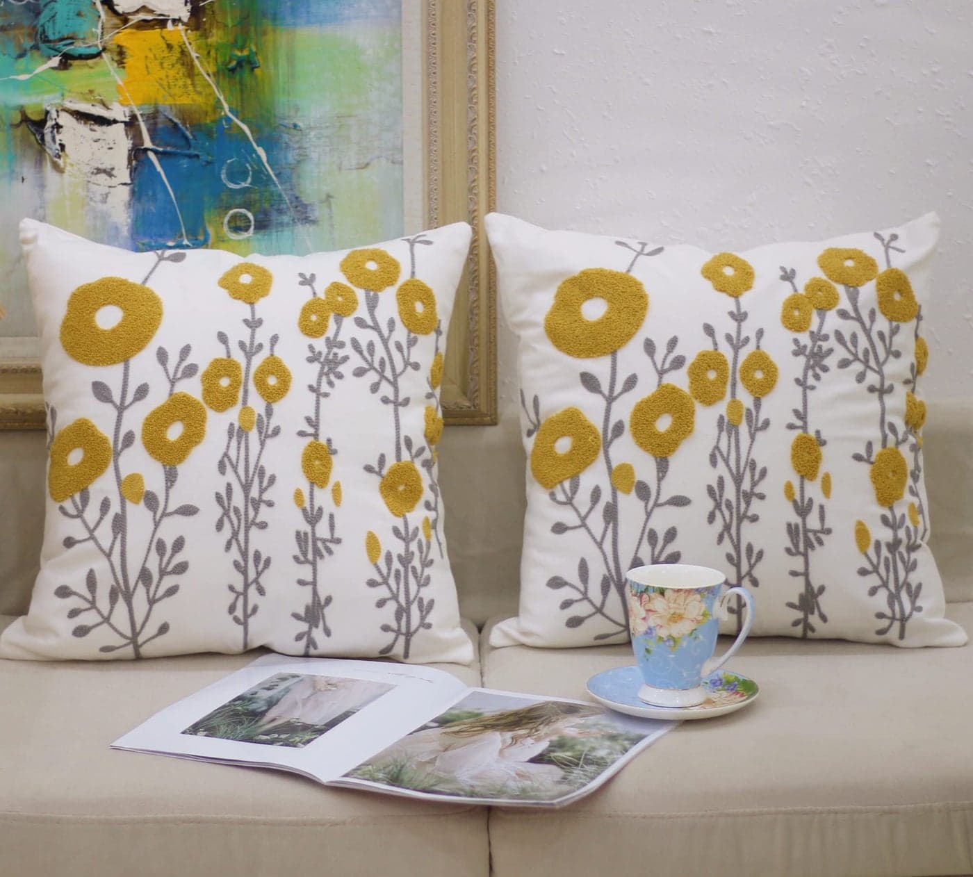 Awebest Mustard Yellow Flora Throw Pillow Covers Spring Decorative Pillowcase 18x18 Embroidered Cushion for Farmhouse Couch Sofa Bed Living Room Picnic 2 Pcs