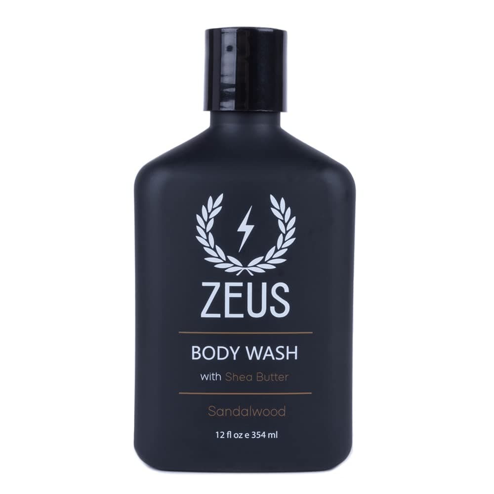 ZEUS Mens Natural Body Wash Hydrating Shower Gel with Sandalwood Oil Aloe Vera Shea Butter Invigorating Essential Oils for Skin Revitalization Made in USA 12 oz
