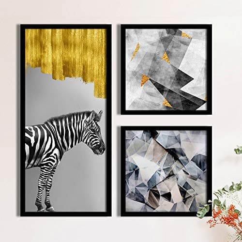 PAINTINGMANTRA Zebra Abstract Floral Framed Painting/Posters for Room Decoration, Set of 3 White Frame Art Prints/Posters for Living Room (1 Units 22 x 47 cm, 2 Units 22 x 22 cm)
