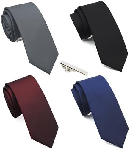 ZENXUS Skinny Solid Ties for Men, 2.5 inch Slim Neckties Matte Plain Assorted, Navy, Gray, Burgundy, Black, 4-Pack plus Silver Tie Bar