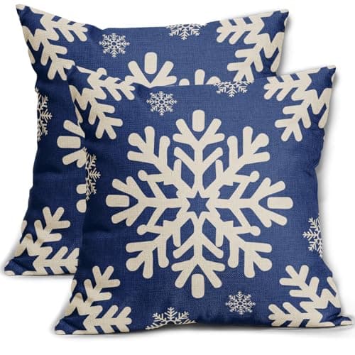 Sivirary Blue Christmas Pillow Covers 18x18 Inch Set of 2 Xmas Snowflakes Rustic Winter Themed Decorative Throw Pillow Cases Outdoor Linen Cushion Covers Farmhouse Sofa Couch Bed Decor