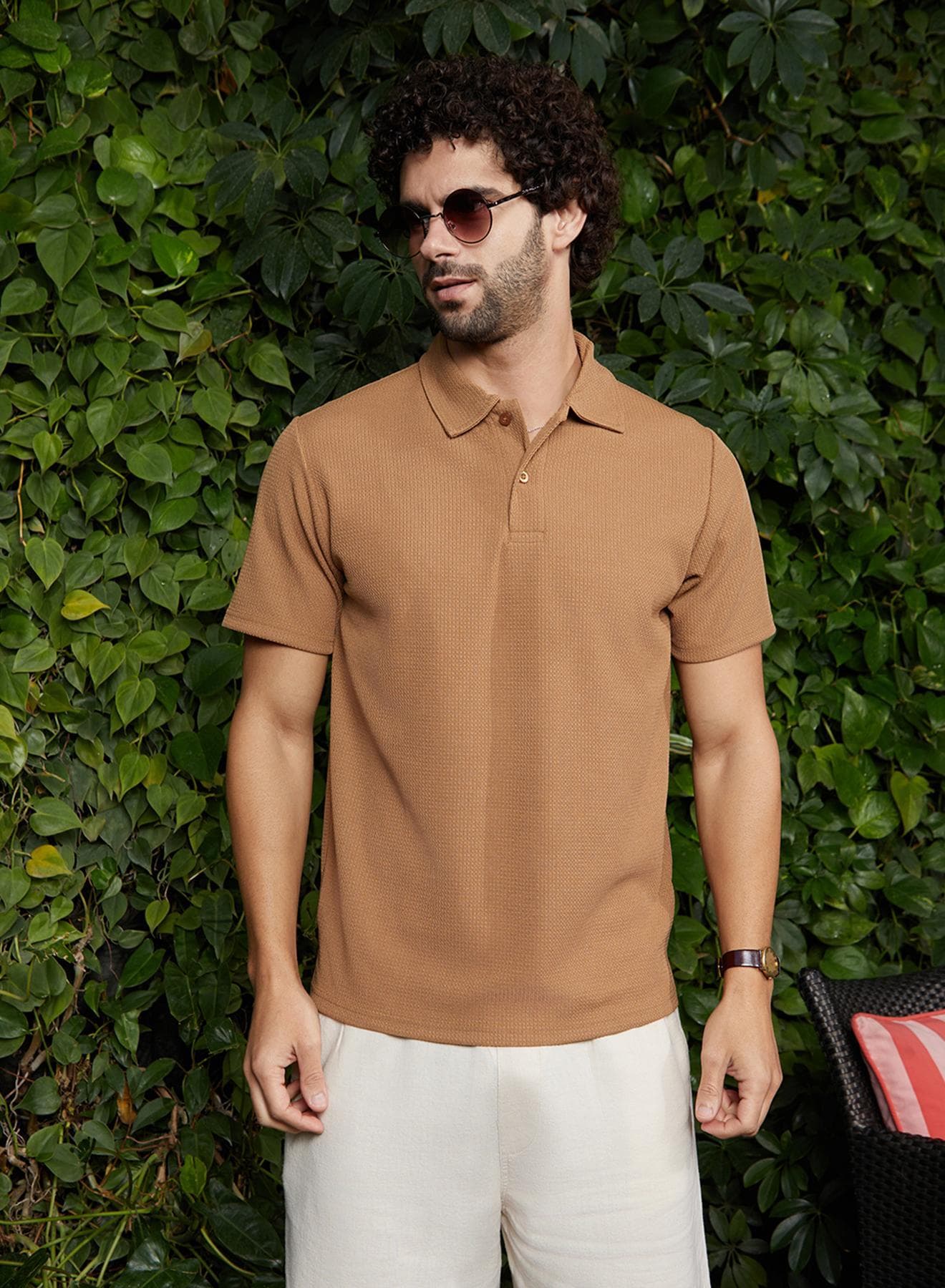 Men's Camel Beige Chainlink-Ribbed Polo T-Shirt