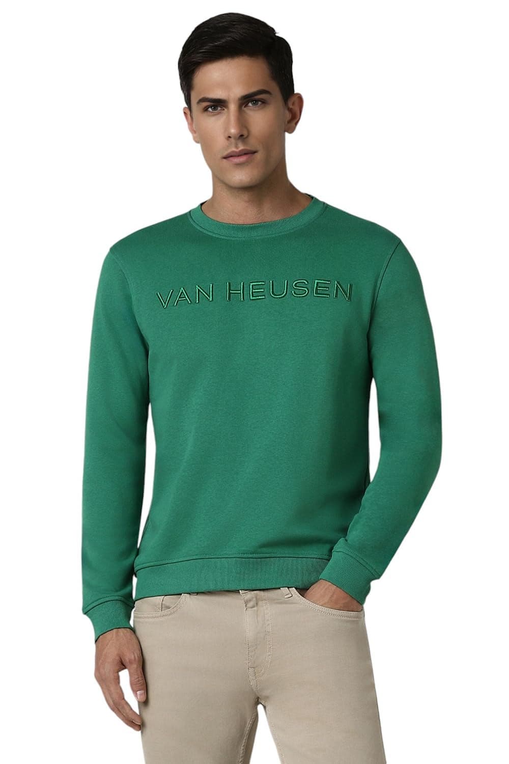 Van Heusen Men Green Embroidered Crew Neck Sweatshirt