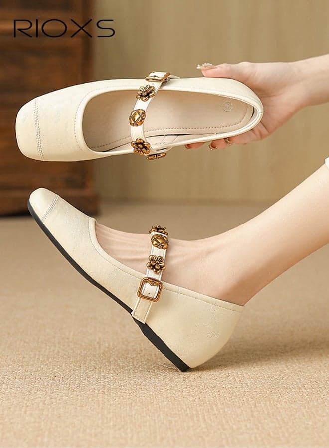 Women's Mary Jane Shoes, Hidden Heel Internal Increase Heeled Shoe, Square Toe Ladies Ballet Flats with Ankle Strap, Retro Style Dressy Shoes for Women, Comfortable Slip On Walking Heels, Classic Stylish Shoes for Work Party and Daily Leisure, Beige