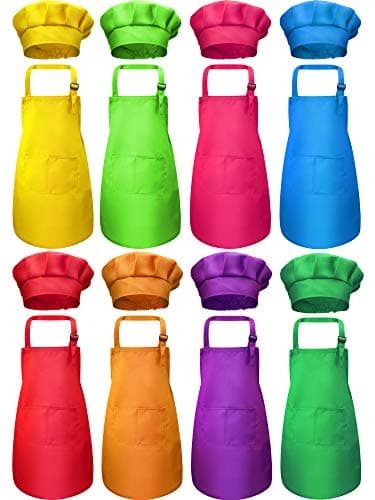 SATINIOR 8 Set Kids Apron and Chef Hat Set Kids Apron with 2 Pockets Adjustable for Boys Girls Cooking Baking Painting