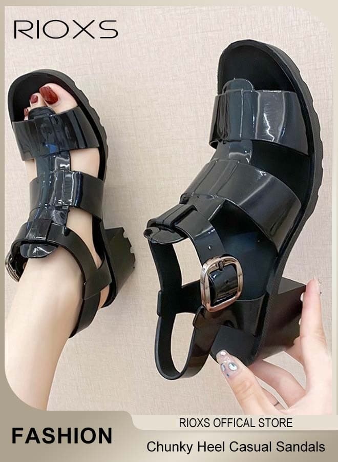 Women's Heeled Sandals, Fashion Hollow Roman Sandals for Women, Gladiator Sandals 5cm Block Heels, Chunky Heel Casual Sandals, Open Round Toe Pumps, Womens Ankle Buckle Sandals, Lug Sole Summer Fisherman Y2K Shoes, Summer Stylish Sandals for Female, Classic Black Woman Footwear