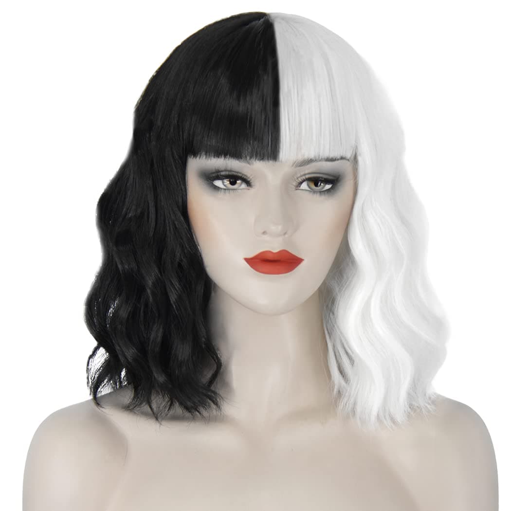 Juziviee Cruella Deville Wig Black and White Short Wavy Wig for Womens Cruella Costume Party JZ001BW