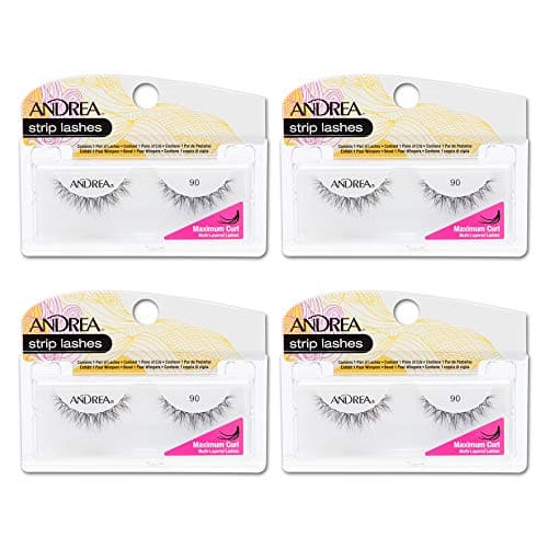 Andrea Curl Natural False Lashes Style 90 Black Lightweight Natural Strip Lashes for Voluminous Curl 4 Pack