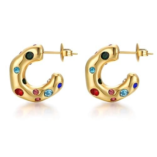 FRUMOS Full color Cubic Zirconia huggie Gold hoop Earrings for Women Girls,14K Gold Plated with 925 Sterling Silver Post crystal Huggie Earrings| CZ Stud Earring (Colorful CZ Earrings)