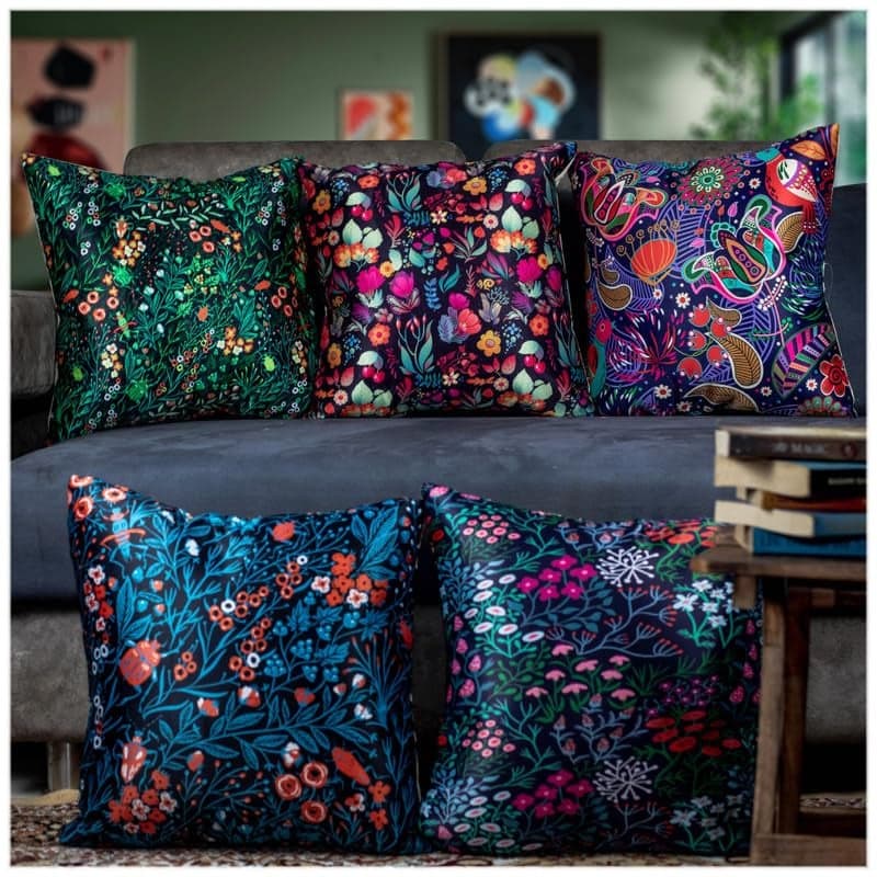 Vendola Decorative Satin Sofa Cushion Covers Set of 5, 16 inch x 16 inch, Sofa Cushion Pillow Cover, Multicolor, Floral Design, Zipper Closure (Floret, 16X16 Inches)