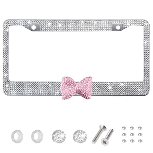 Heqxwl Bling License Plate Frame for Women Rhinestone License Plate Frame Stainless Steel Sparkly Car Accessories with Anti Theft Screws 1 White Frame Pink Bow