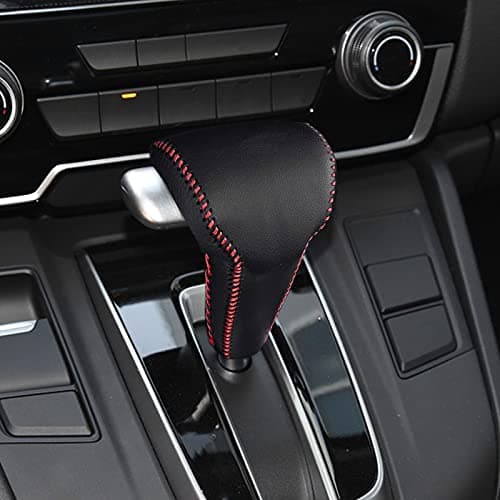 SUNBREATH Compatible with DIY Genuine Leather Gear Shift Knob Cover Interior Accessories Protective Decoration for Honda CRV 2017 2018 2019 2020 2021 2022 Black with Red Stitches