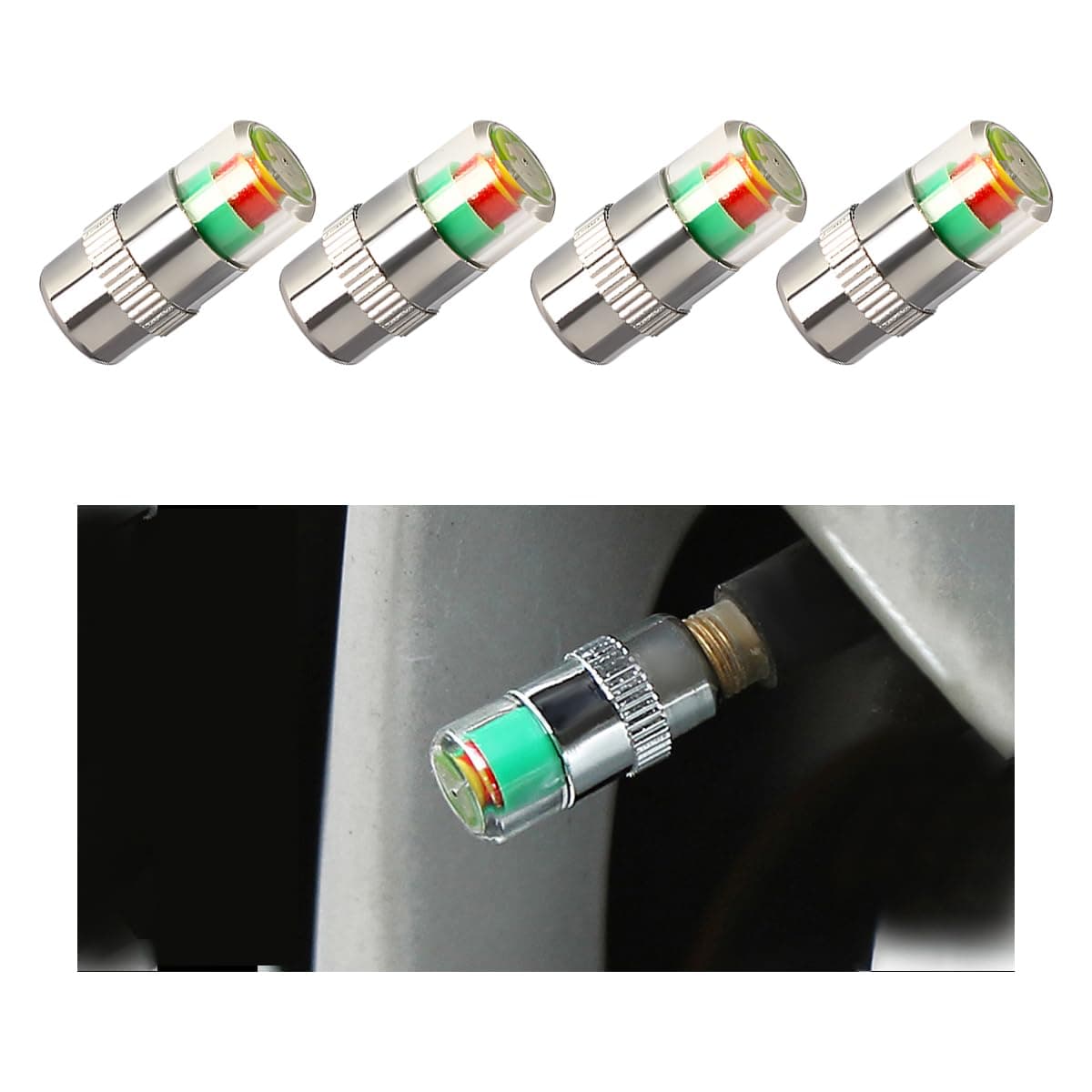 Yourkar 4 PCS Tire Pressure Monitor Valve Stem Caps 24Bar 36PSI Car Tire Pressure Monitor Sensor Indicator with 3Color Eye Alert Universal Valve Stem Caps for Cars Silver