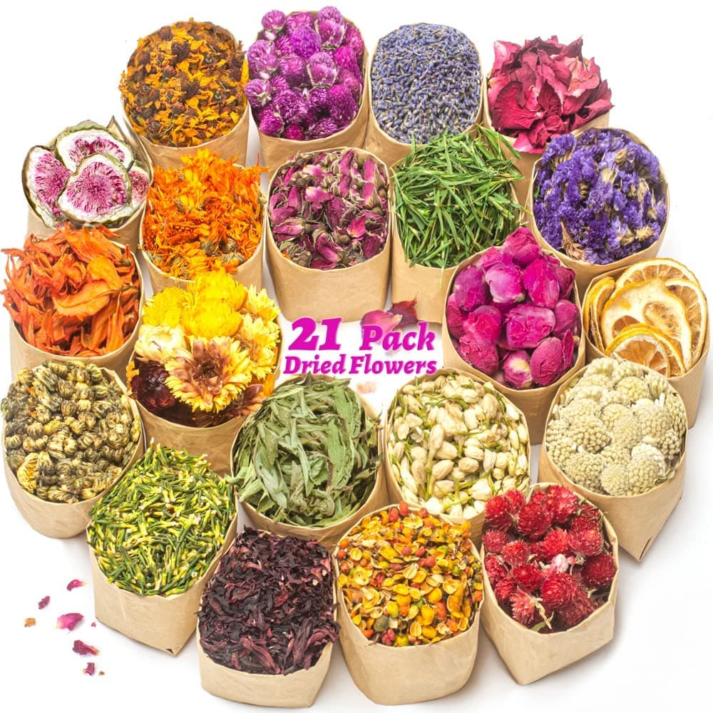 LAVEVE Dried Flowers 40 Bags 100 Natural Dry Flower Herbs Kit for Soap DIY Candle Bath Resin Jewelry Making Include Lavender Dont Forget Me Lily Rose Petals Jasmine and More